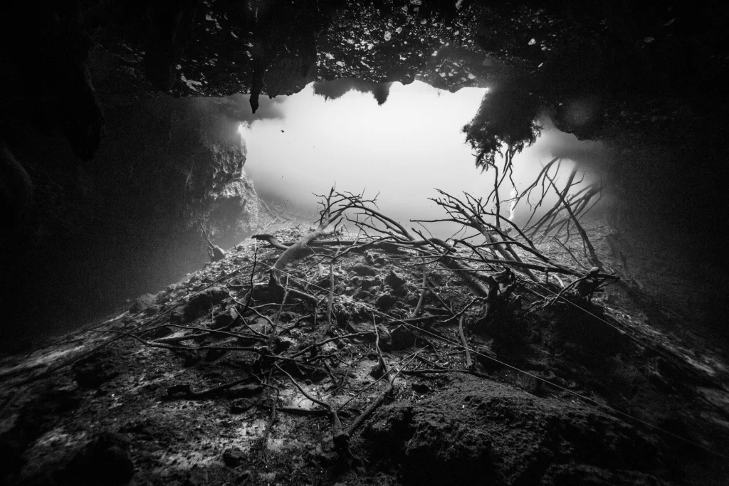 Buceo técnico en cuevas en el Cenote car wash México; buceadores siguiendo la línea de vida en un sistema de cavernas cristalinas.