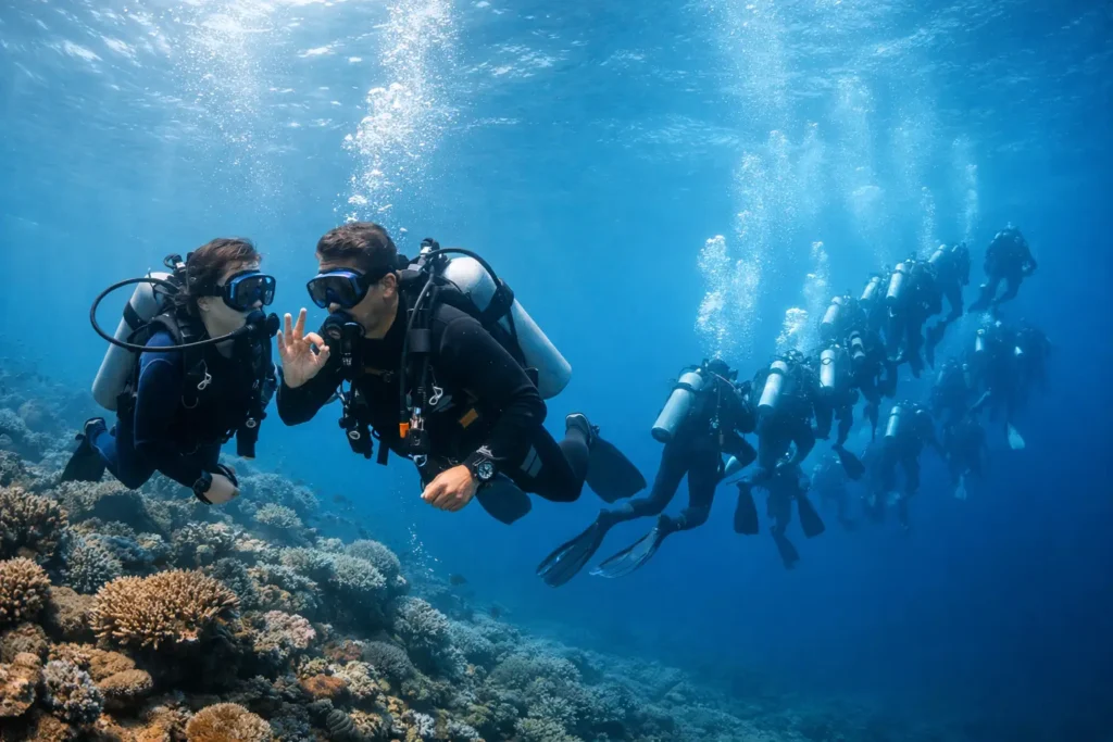 Grupos pequeños o masivos en buceo