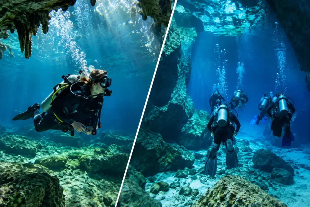 Buceo privado vs grupal en cenotes: ¿cuál elegir?